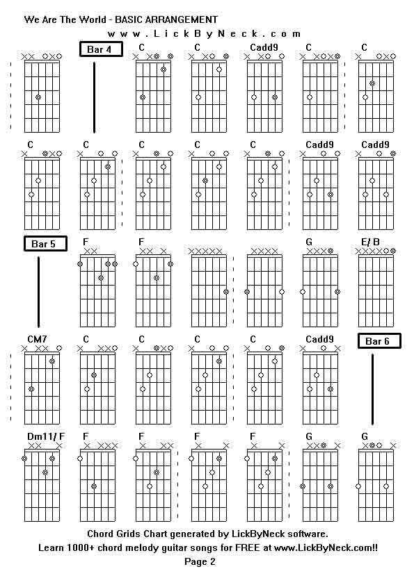 Chord Grids Chart of chord melody fingerstyle guitar song-We Are The World - BASIC ARRANGEMENT,generated by LickByNeck software.